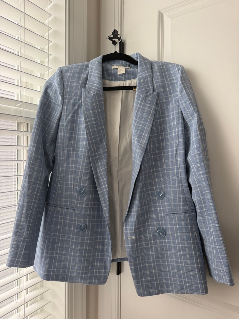 H&M Light Blue Plaid Double-Breasted Blazer
